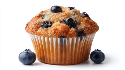 Blueberry muffin baked dessert sweet pastry golden crust white background closeup blueberry snack breakfast bakery homemade moist crumb topping muffin paper vanilla sugar butter flour egg dairy
