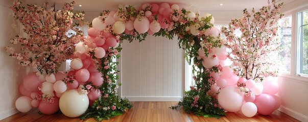 Cherry blossom balloon arch blended with fresh spring florals 32k ultra HD