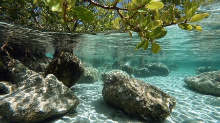 Underwater view of a rocky seabed beneath mangroves with bright, filtered sunlight