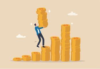 Investment growth compound interest, capital gain profit or wealth accumulation, increase pension fund or revenue, financial success, increase deposit value concept, businessman increase money stack.