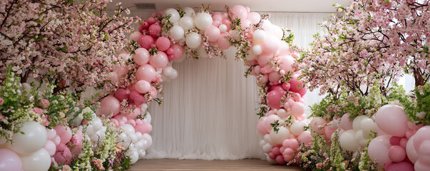 Cherry blossom balloon arch blended with fresh spring florals 32k ultra HD