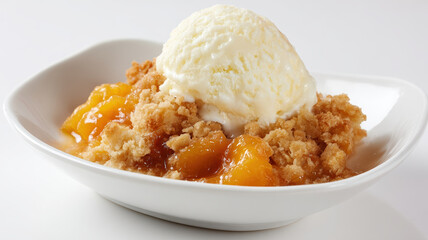 Peach cobbler dessert crumble vanilla ice cream scoop bowl white background golden baked syrupy