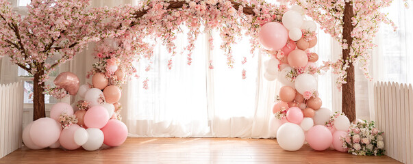 Cherry blossom birthday backdrop with soft pink petals, pastel balloons, daylight glow 32k ultra HD