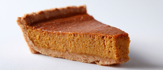 Pumpkin pie slice dessert pastry crust creamy filling cinnamon nutmeg baked autumn comfort treat with flaky crust on white background, warm spiced aroma, cozy holiday vibe