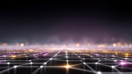 Abstract digital landscape with glowing grid and colorful bokeh effect in a futuristic setting, ideal for technology and innovation themes