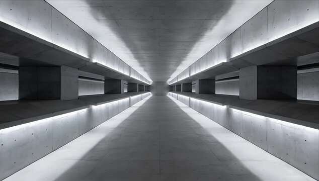 Futuristic tunnel loop vdo background, abstract concrete architecture corridor, minimal interior symmetry, modern white light perspective, seamless glowing strip effect, calm mood empty space