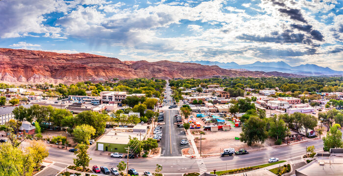 Aerial view of Moab, Utah along Main street. Moab is the largest city and county seat of Grand County in eastern Utah in the western United States, known for its dramatic scenery