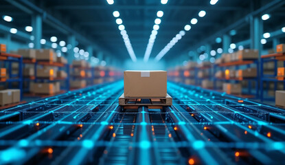 Smart warehouse with artificial intelligence that displays cardboard boxes on an automated conveyor system.