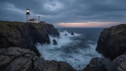Dramatic Coastal Lighthouse Illuminated Against Stormy Ocean Waves at Dusk.