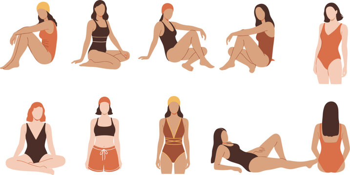 Set of faceless women in various swimwear and bikinis sitting and lounging for summer beach and vacation concept vector