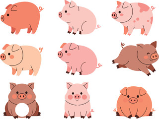 Set of cute pink and brown pig characters in various poses including sitting standing and running isolated flat vector illustration
