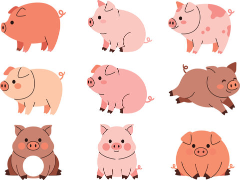 Set of cute pink and brown pig characters in various poses including sitting standing and running isolated flat vector illustration