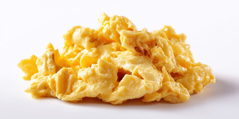 Fluffy scrambled egg breakfast protein yellow creamy soft simple isolated white food comfort feeling. Fluffy curd texture on plain backdrop closeup pile with tender folds tasty home cooking vibe