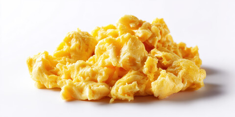 Scrambled eggs breakfast food egg cooked yellow soft fluffy creamy closeup. Scrambled eggs white background soft and fluffy texture creamy and appetizing breakfast comfort food minimal style