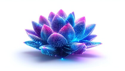 A luminous, digital lotus flower in blues and pinks, surrounded by a soft white gradient