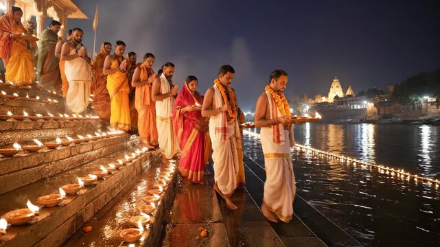 An atmospheric night shot captures hindu priests and devotees performing a warm, golden devotional ritual with diyas on the sacred river ghats.