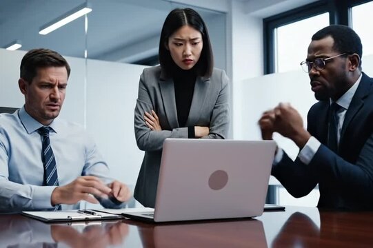 Group of disappointed businesspeople read bad news on laptop computer sitting at workplace in business office. Frustrated worried colleagues co-workers are upset reviewing negative financial results 