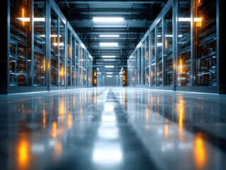 Futuristic data center hallway with glowing servers and reflective floor showcasing advanced technology and digital infrastructure in a high-tech environment
