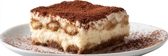 Tiramisu dessert slice cream cocoa coffee sponge plate white Italian cuisine with rich layers and cozy mood, dusted cocoa on creamy mascarpone and soaked sponge on plate, appetizing closeup