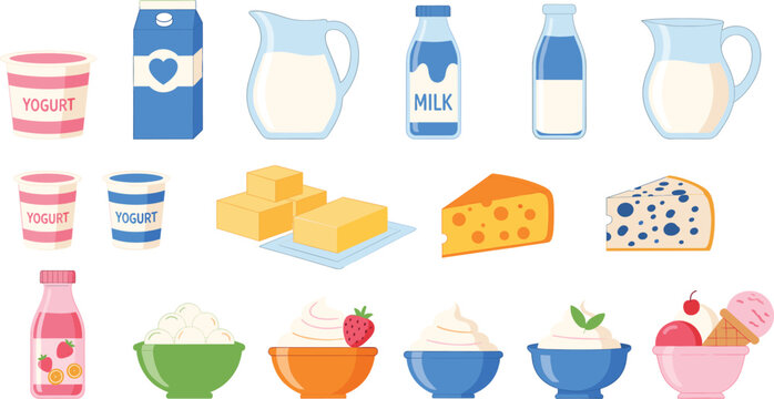 Diverse set of dairy products including milk bottles yogurt cups cheese butter and ice cream isolated vector illustration