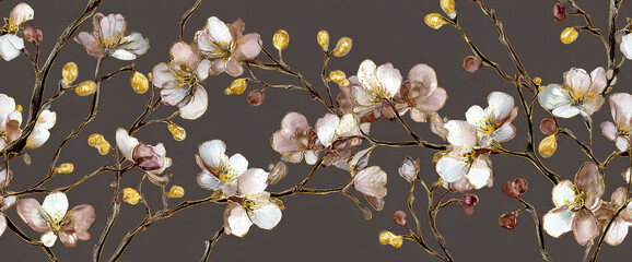 Cherry blossom floral repeat on matte espresso brown wallpaper, gold foil stems and watercolor petals, seamless high resolution 32k