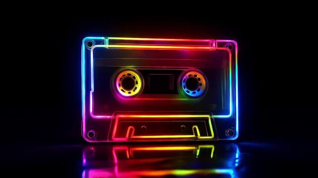 A retro audio cassette tape with glowing rainbow neon lights. 3D animation of a vintage music object on a reflective surface. 80s synthwave and nostalgia concept