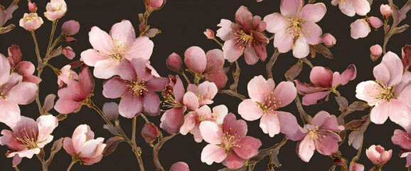 Cherry blossom floral repeat on matte espresso brown wallpaper, gold foil stems and watercolor petals, seamless high resolution 32k