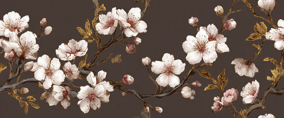 Cherry blossom floral repeat on matte espresso brown wallpaper, gold foil stems and watercolor petals, seamless high resolution 32k