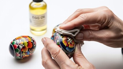 Elderly hands are polishing painted Easter eggs with oil for craft blogs, workshops, holiday marketing, cultural heritage articles, and greeting cards, against a blurred background