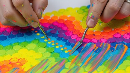 hands of artist using palette knife and brush with bright acrylic paint for art therapy blogs, creative workshop sites, hobby tutorials and modern gallery presentations