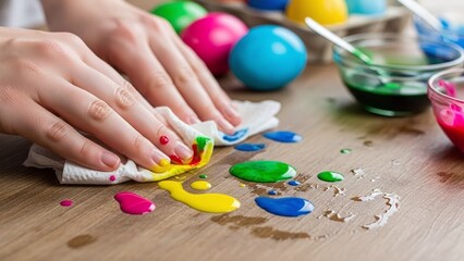 Hands are wiping away colorful paint drops from a wooden table after painting eggs, against a blurred background; suitable for cleaning company blogs, parenting websites, and Easter craft tutorials