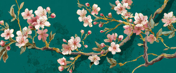 Cherry blossom floral repeat pattern on deep emerald matte background, gold foil branch accents and watercolor blossoms, seamless 32k