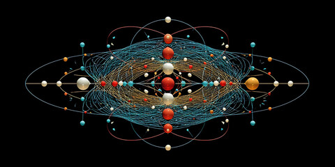Symmetrical Orbital Array with Atomic and Planetary Motifs, ai generated.
