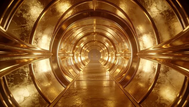 Golden tunnel metallic corridor shiny reflection abstract background futuristic interior science fiction gold texture glowing light seamless pattern 3d render loop vdo background metallic passageway