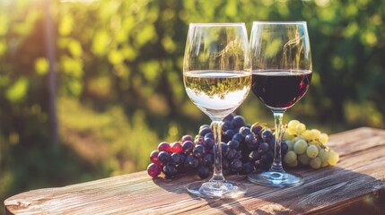 vineyard. Two glasses filled with red and white wine amidst ripe grapes on a rustic vineyard table bathed in warm afternoon light. bar promotions.
