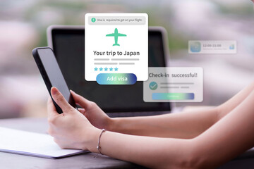 Asian adult woman plans trip Japan checking visa requirements mobile app digital flight booking online smartphone travel management solution efficient checkin