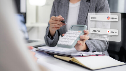 Adult Asian businesswoman hands calculate currency exchange on calculator USD JPY rates financial management international trade global economy