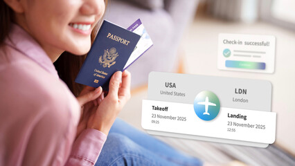 Adult Asian woman smiling holds US passport boarding pass confirming successful flight checkin for international travel planning adventure