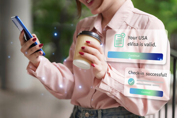 `Asian adult woman checks USA eVisa status confirms travel checkin on smartphone application holds coffee success notification digital journey online process`