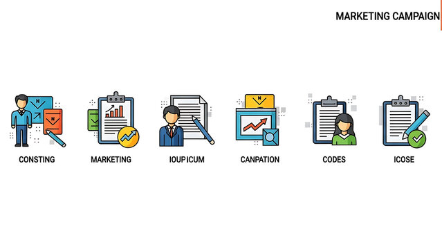 Marketing campaign icons including targeting, strategy, seo, analytics, and goals on white background