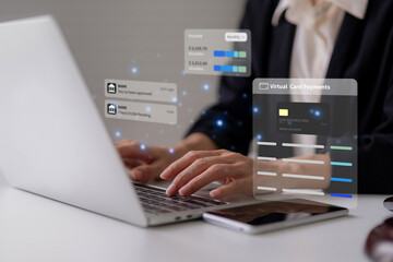 Adult Asian person hands manage online banking virtual payments income tracking secure financial transactions digital economy future fintech innovation