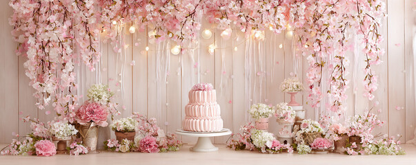 Cherry blossom inspired birthday backdrop with confetti and ribbons 32k ultra HD