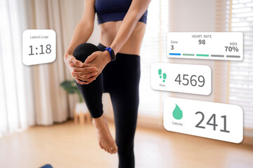 Adult Asian Woman Home Workout Digital Fitness Tracking Heart Rate Steps Calories Data Home Exercise Routine