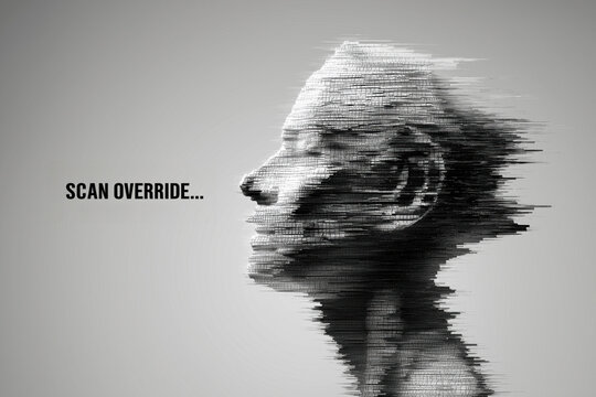 Glitching human profile revealing digital identity scan override