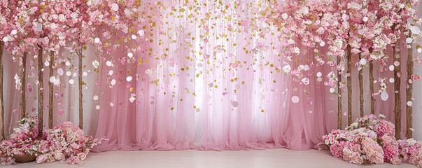 Cherry blossom inspired birthday backdrop with confetti and ribbons 32k ultra HD