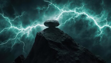 Dramatic Rock Formation Under Lightning Storm - A Powerful Natural Display.