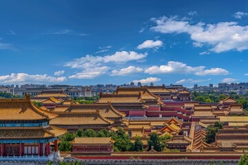 A stunning view of the Forbidden City's golden rooftops under a clear blue sky in Beijing,...