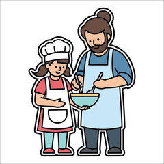 Father and daughter baking together wearing aprons and chef hats cooking kitchen