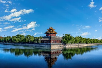 Naklejka premium A beautiful summer view of the Corner Tower of the Forbidden City in Beijing, showcasing traditional Chinese architecture with lush green trees and reflections in the water.