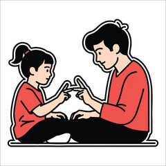 Father and daughter counting on fingers with red shirts learning